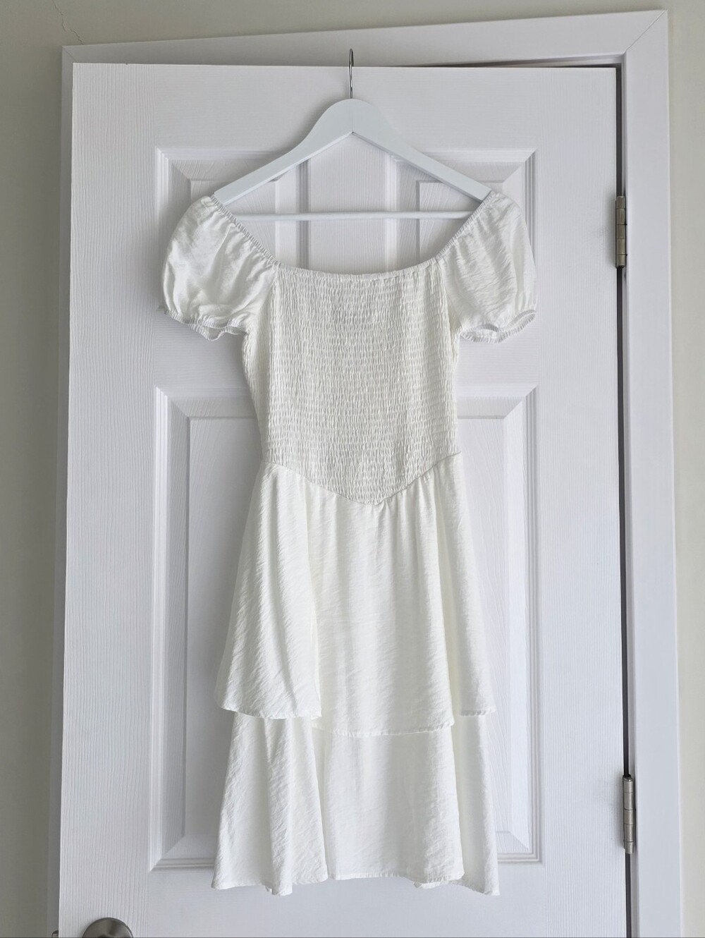 Smocked Bodice White Midi Dress with Puff Sleeves